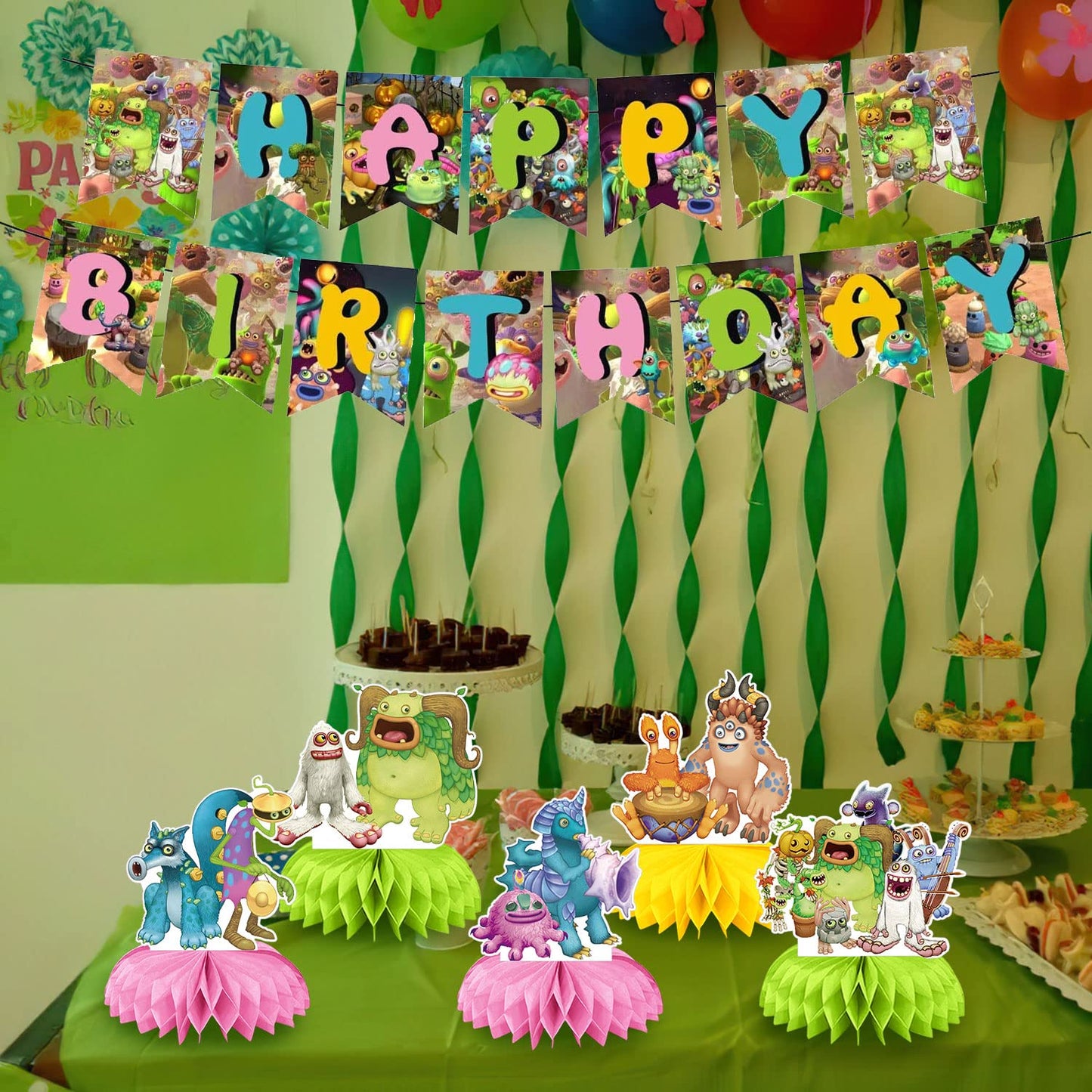 Singing Monsters Party Decorations Honeycomb Centerpiece, 7 Pieces Music Game 3D Double Side Cake Toppers Table Centerpieces, Monsters Photo Backdrop