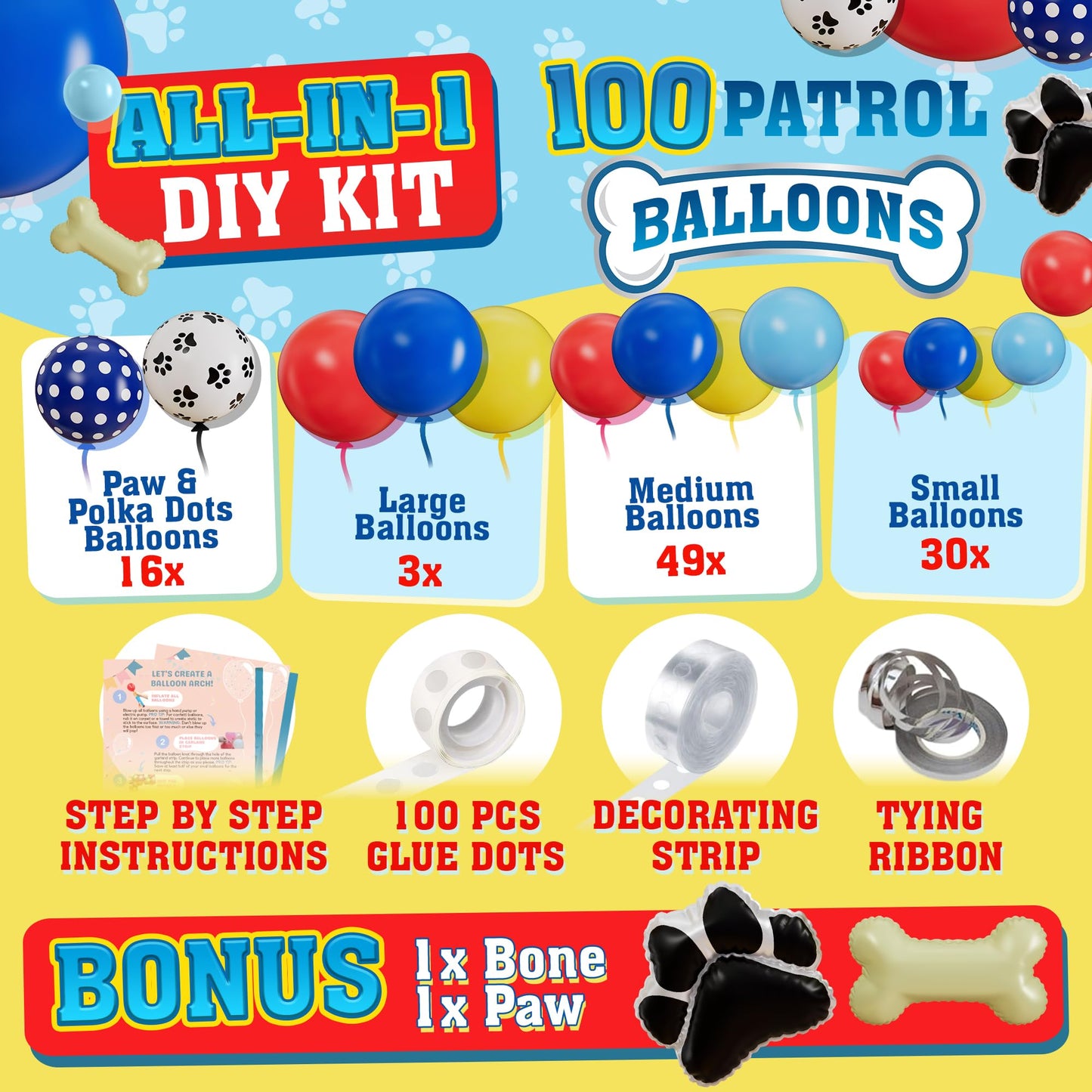ALL-IN-1 Paw Balloons Garland Arch Kit with BONUS Dog Bone & Paw Print Balloons for Paw Birthday Decorations - Paw Balloons Backdrop, Paw Party