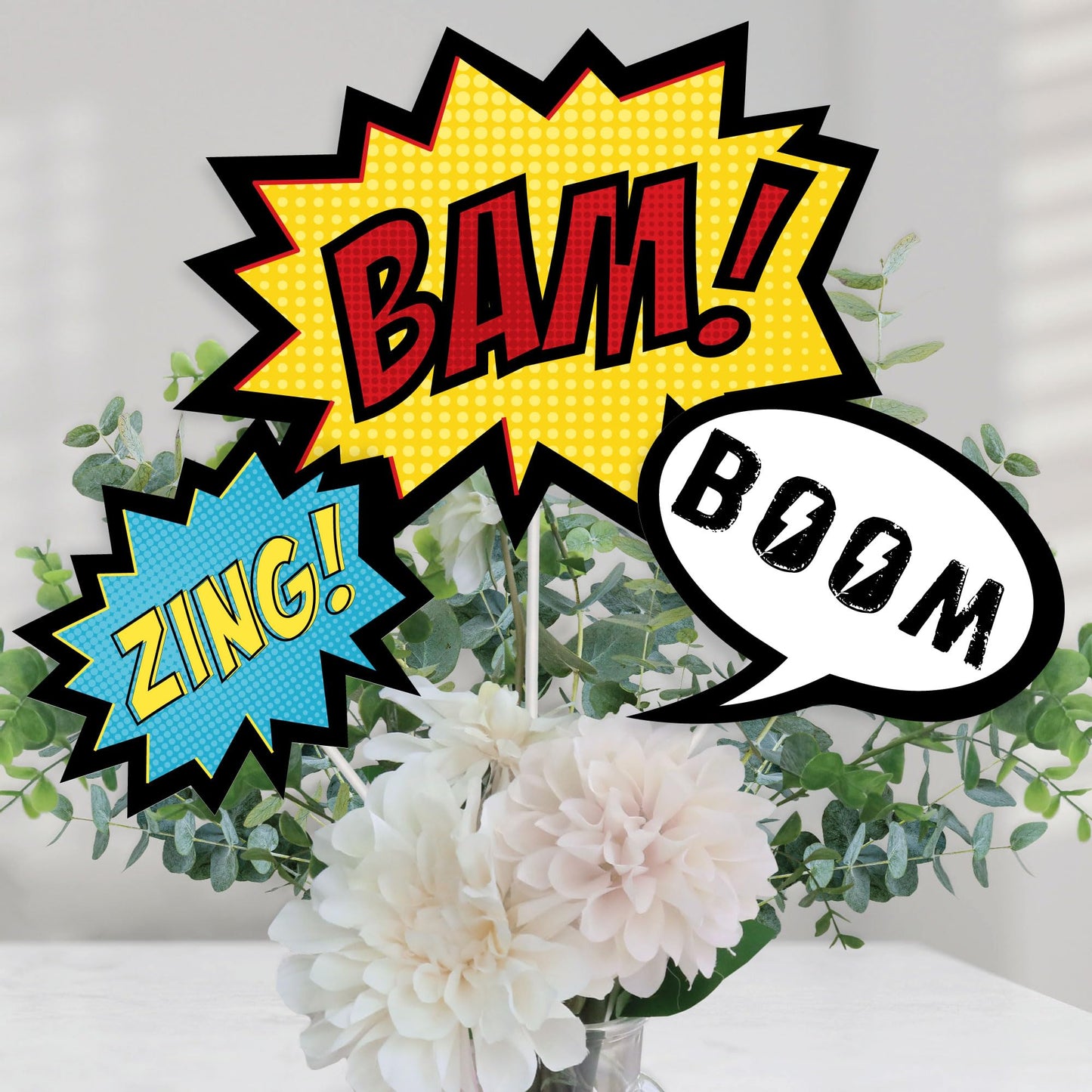 Big Dot of Happiness Bam Superhero - Baby Shower or Birthday Party Centerpiece Sticks - Table Toppers - Set of 15