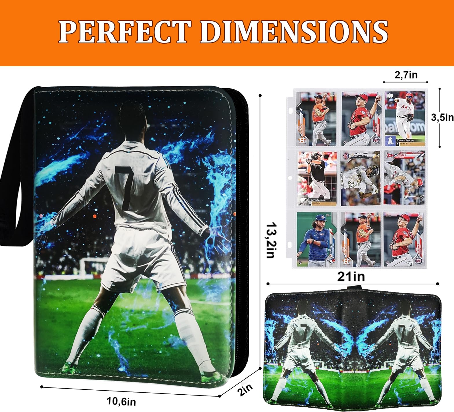 Soccer Card Binder 900 Pockets, 50 Sleeves Large Soccer Binder 3 Ring Zipper Trading Cards Holder 9 Pocket, Sport Card Collection Folder Book Storage