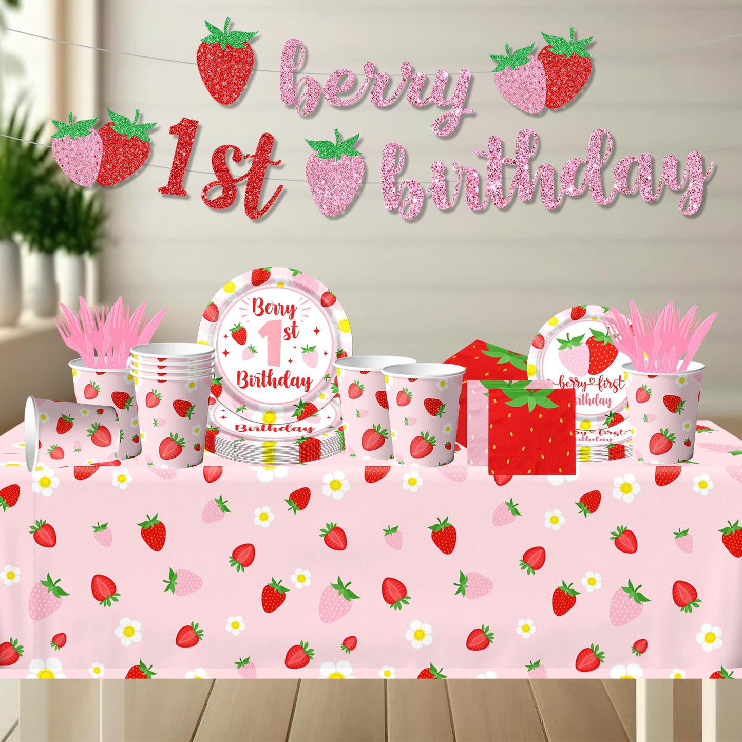 Berry First Birthday Decor Strawberry 1st Birthday Decorations for Girls with Plates, Napkins, Tablecloth, Cups Strawberry Party Decorations, Serve 20