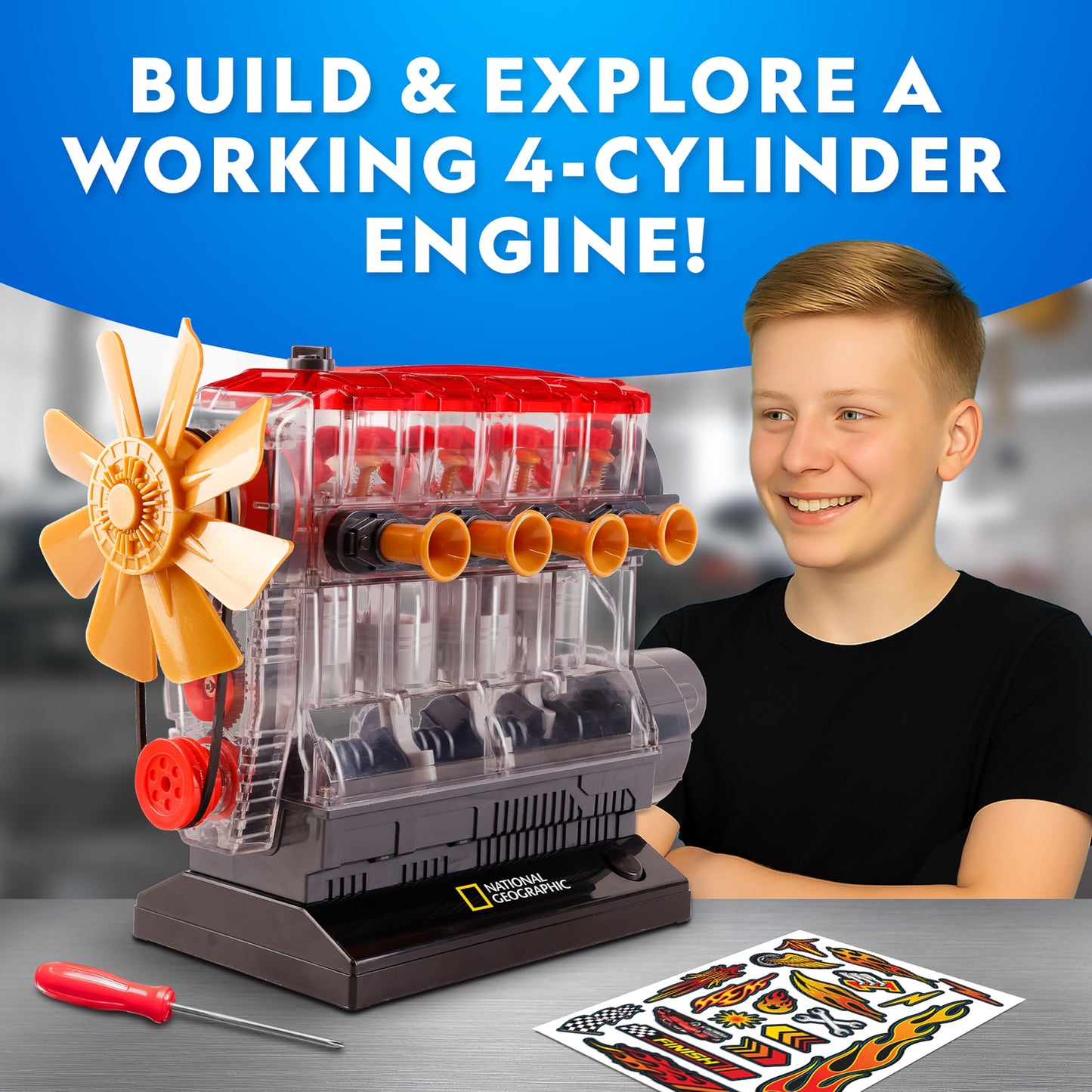 National Geographic 4-Cylinder Engine Building Kit Working Model for Kids