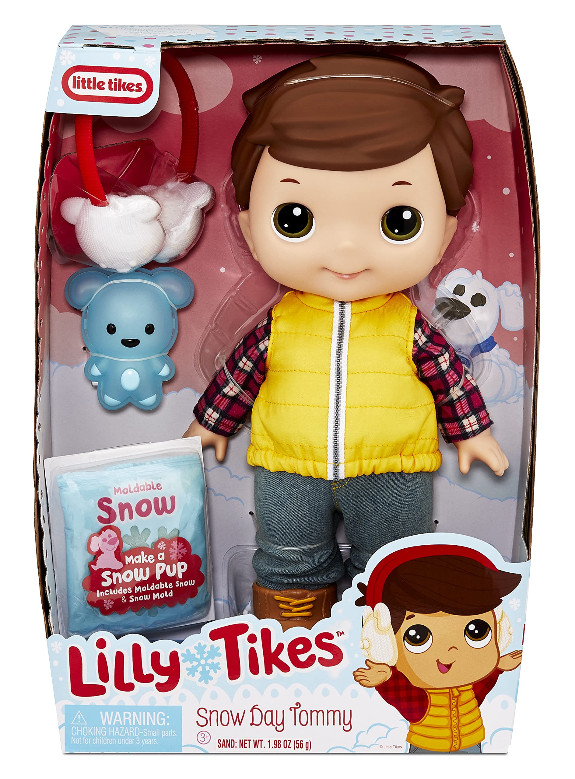 Lilly Tikes Snow Day Tommy Doll with Winter Vest Outfit, White Ear Muffs & Puppy Snow Mold, 12" Tall, Including Accessories, Winter Play- Gift for