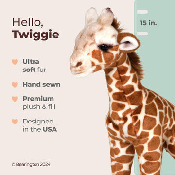 Bearington Twiggie Giraffe Stuffed Animal - 15" Soft and Realistic Baby Giraffe Plush Toy with Cuddly Faux-Fur - Adorable Stuffed Animal Giraffes Gift