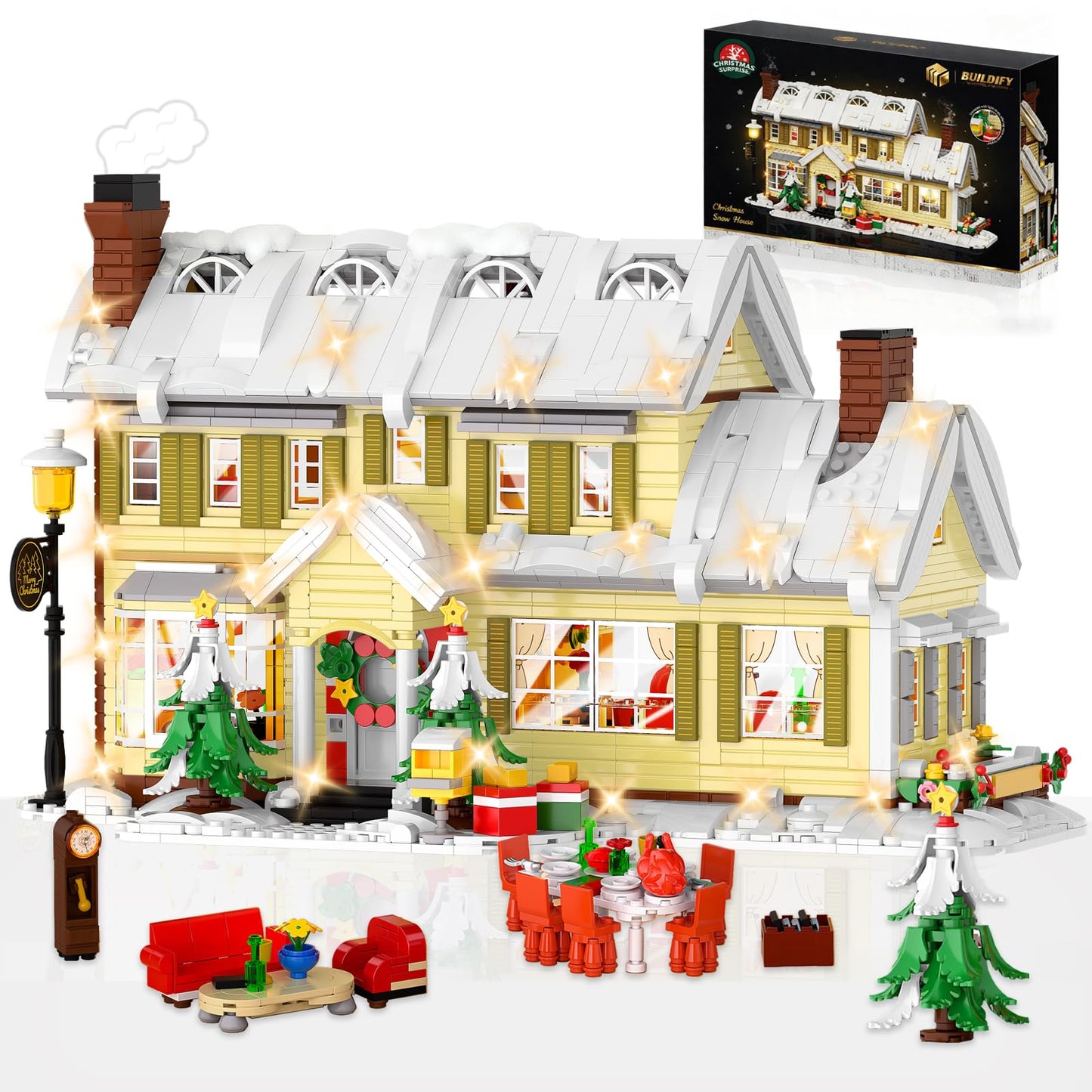 Premium Christmas Holiday House Building Set with LED Light, 2046 PCS DIY Christmas Vacation Snow Village Kit, Collectible Decor for Adults & Family