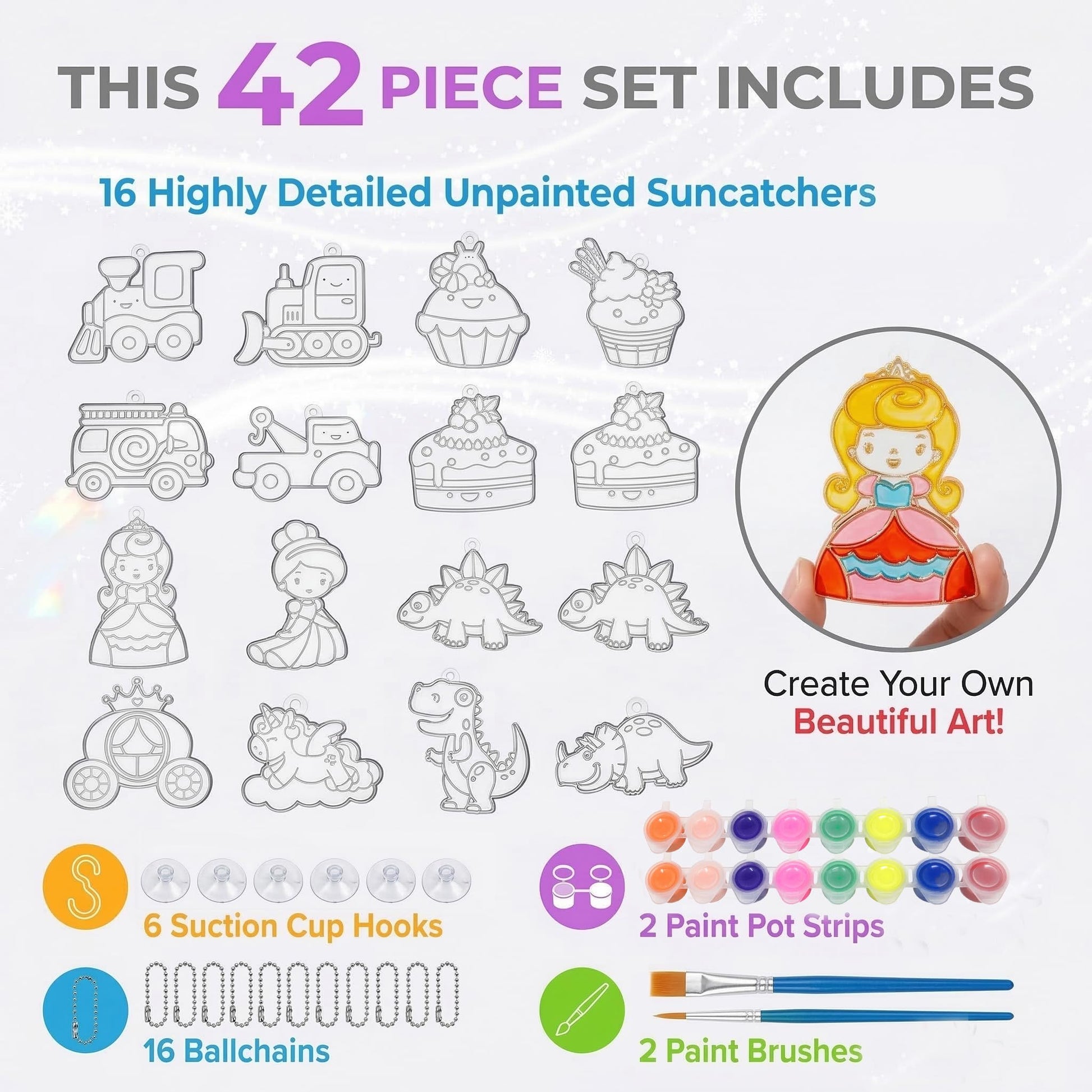 Window Art Kit for Kids - Stained Glass Kits for Kids Includes 16 Suncatchers 16 Ball Keychains 2 Suncatcher Paint Strips 2 Paint Brushes Window Art