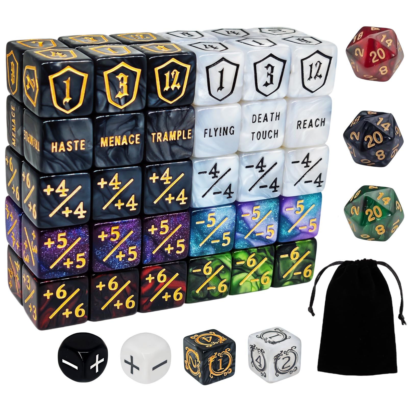 67 PCS MTG Counter Dice Set - Ability Keyword Counters, -1/+1 & Shield Life Counters, Creature Stat Buffs, Colorful D6 Dice, Dragon Design Dice