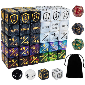 67 PCS MTG Counter Dice Set - Ability Keyword Counters, -1/+1 & Shield Life Counters, Creature Stat Buffs, Colorful D6 Dice, Dragon Design Dice