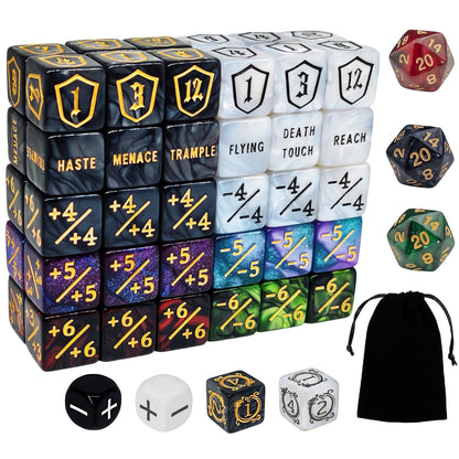 67 PCS MTG Counter Dice Set - Ability Keyword Counters, -1/+1 & Shield Life Counters, Creature Stat Buffs, Colorful D6 Dice, Dragon Design Dice