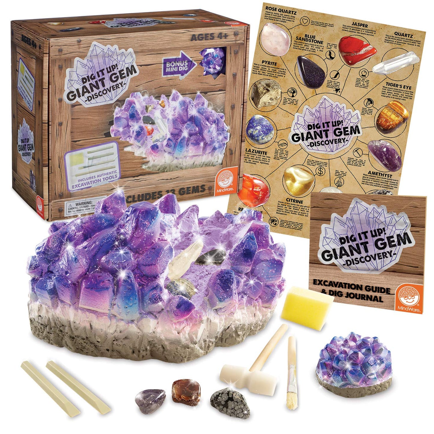 MindWare Dig It Up Giant Gem Discovery Kit - Gemstone Dig Kit Offers Geology for Kids with 12 Real Polished Hidden Gemstones - Includes 1 Giant Gem