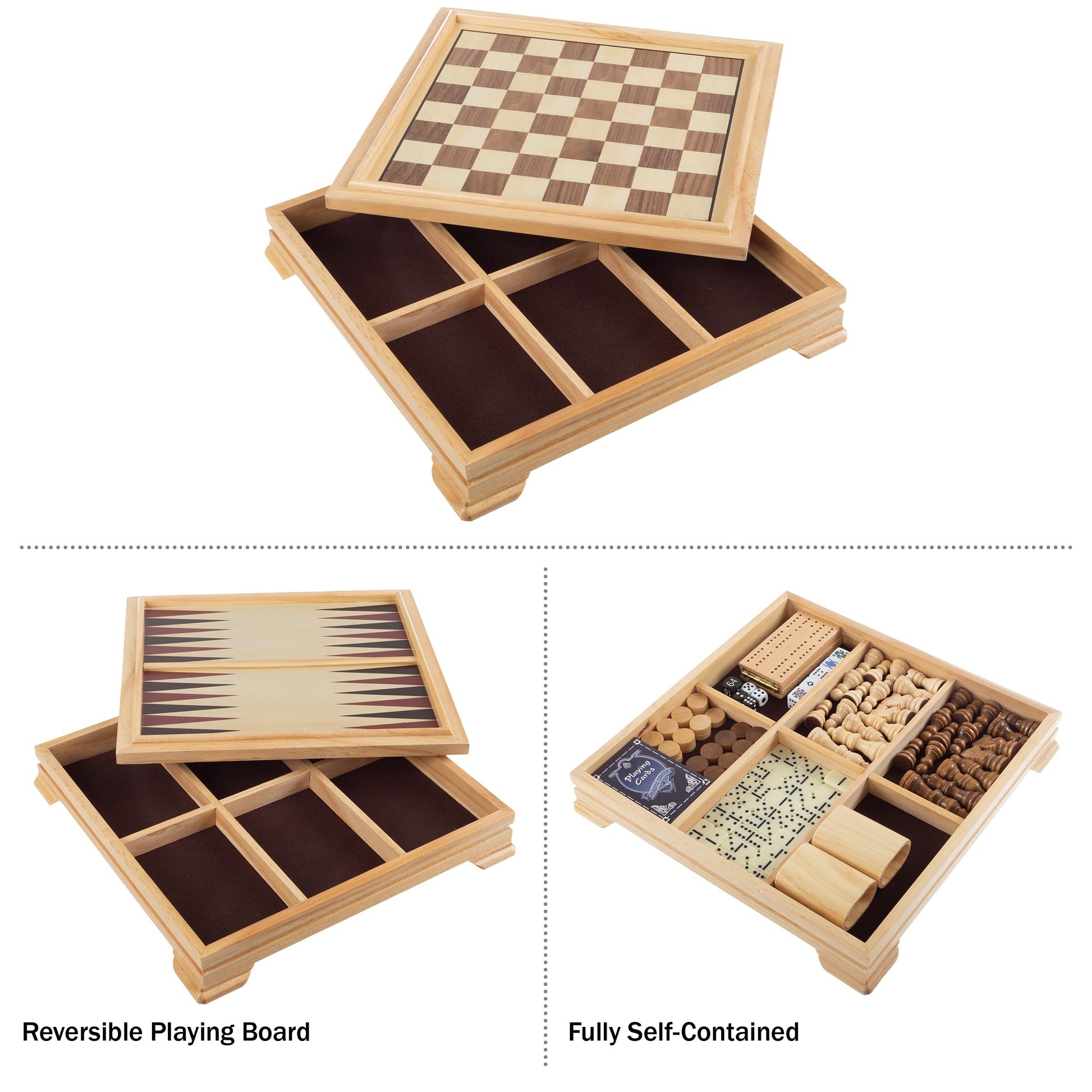 Board Game Set - Deluxe 7-in-1 Classic Board Games - Wood Gaming Center with Storage - Chess, Backgammon, Dominos, Checkers, Dice Set, Cribbage Board