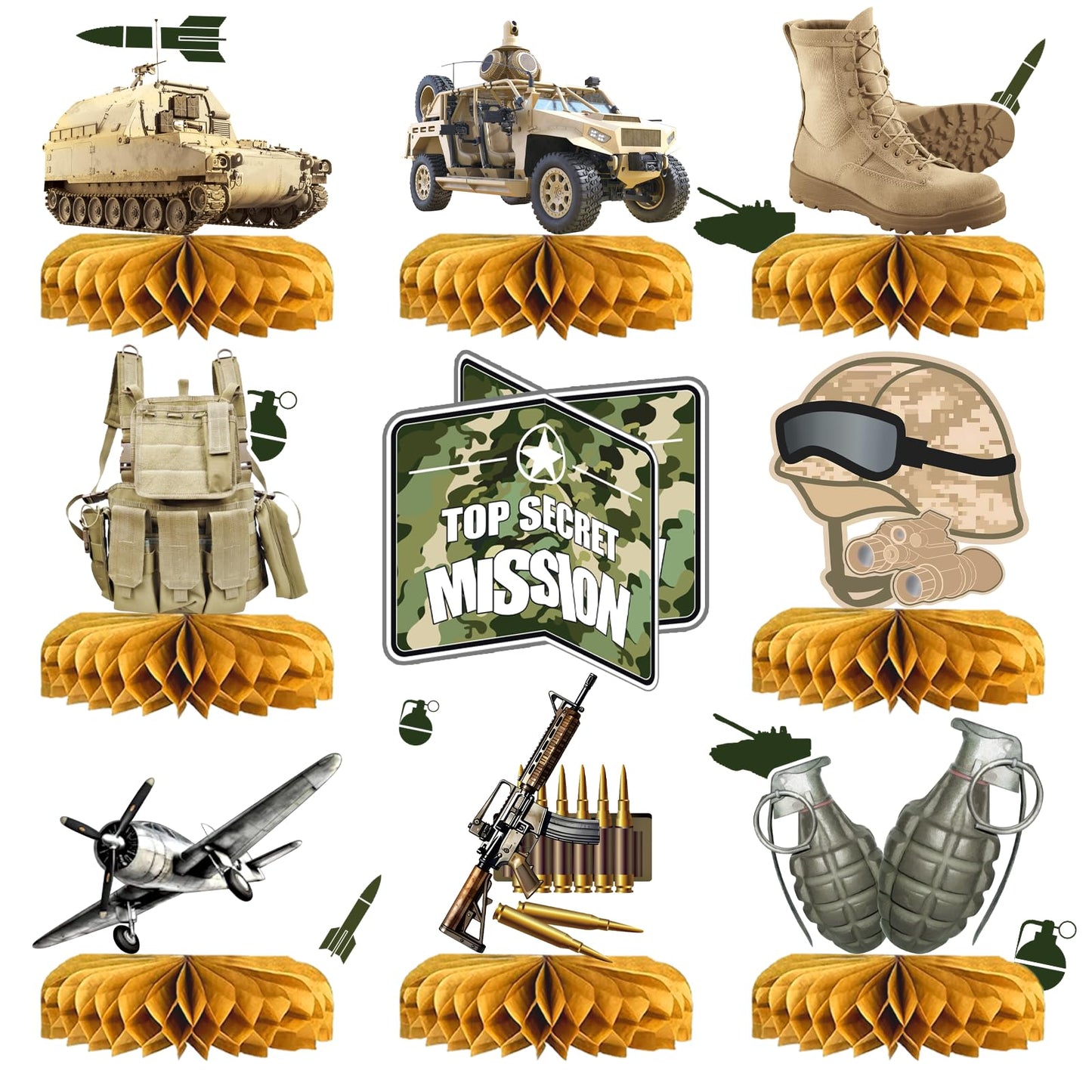 Army Party Decorations Centerpieces, 3D Tank Honeycomb, Military Table Decorations, Army Birthday Party Decorations for Baby Shower Camo Birthday