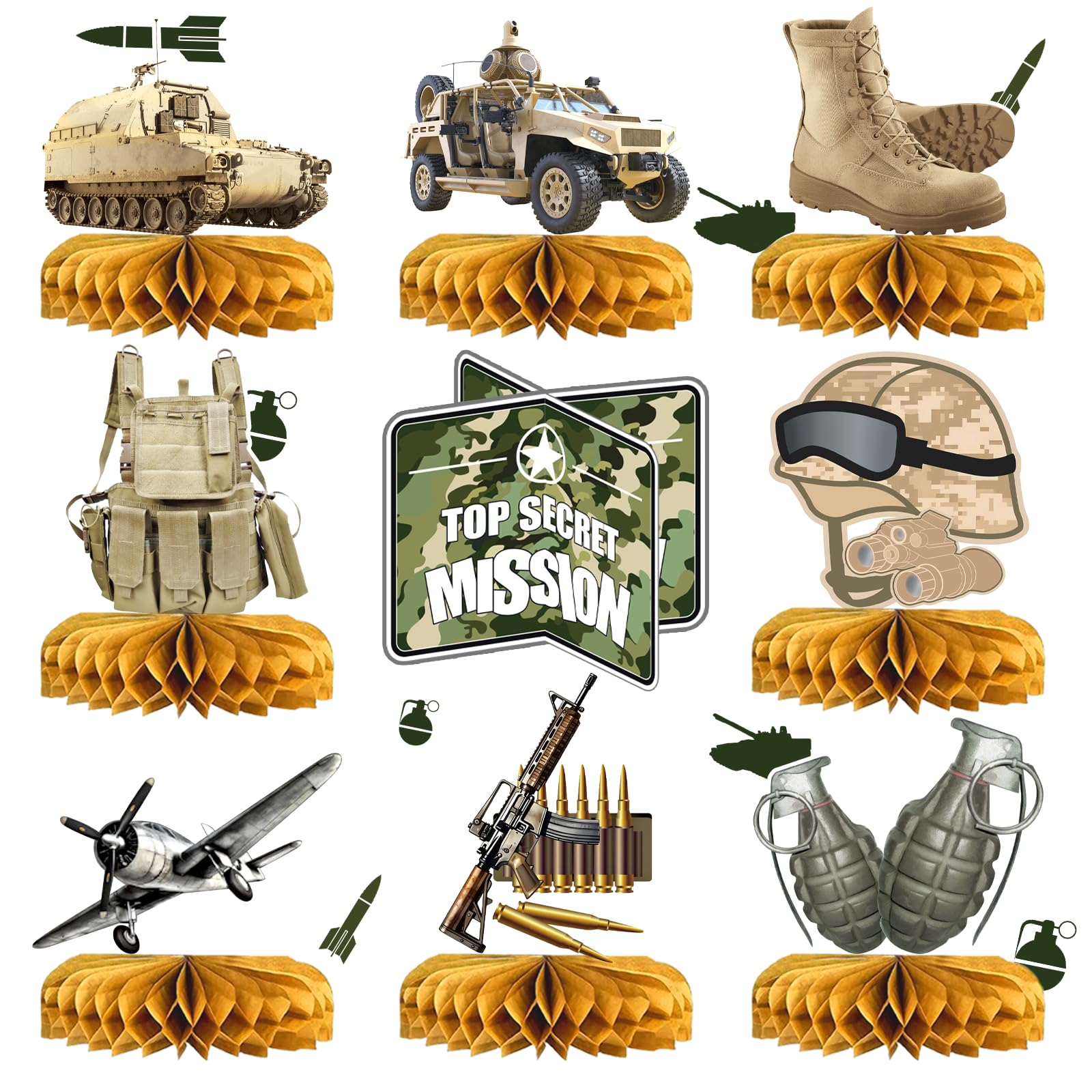 Army Party Decorations Centerpieces, 3D Tank Honeycomb, Military Table Decorations, Army Birthday Party Decorations for Baby Shower Camo Birthday