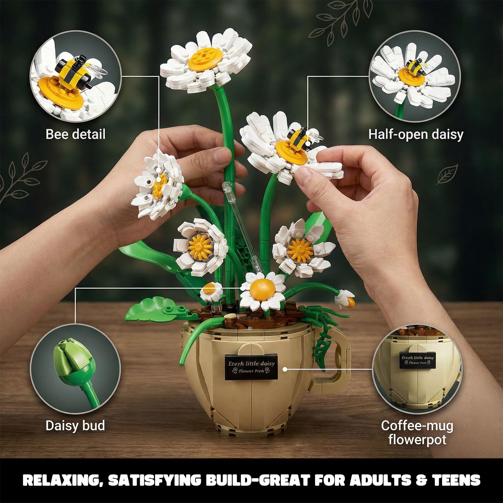 APENGBAOL Daisy Flower Building Set with Coffee Cup Pot, 496PCS Botanical Plant Kit for Adults, DIY Decorative Desk & Home Office Decor, Creative Gift