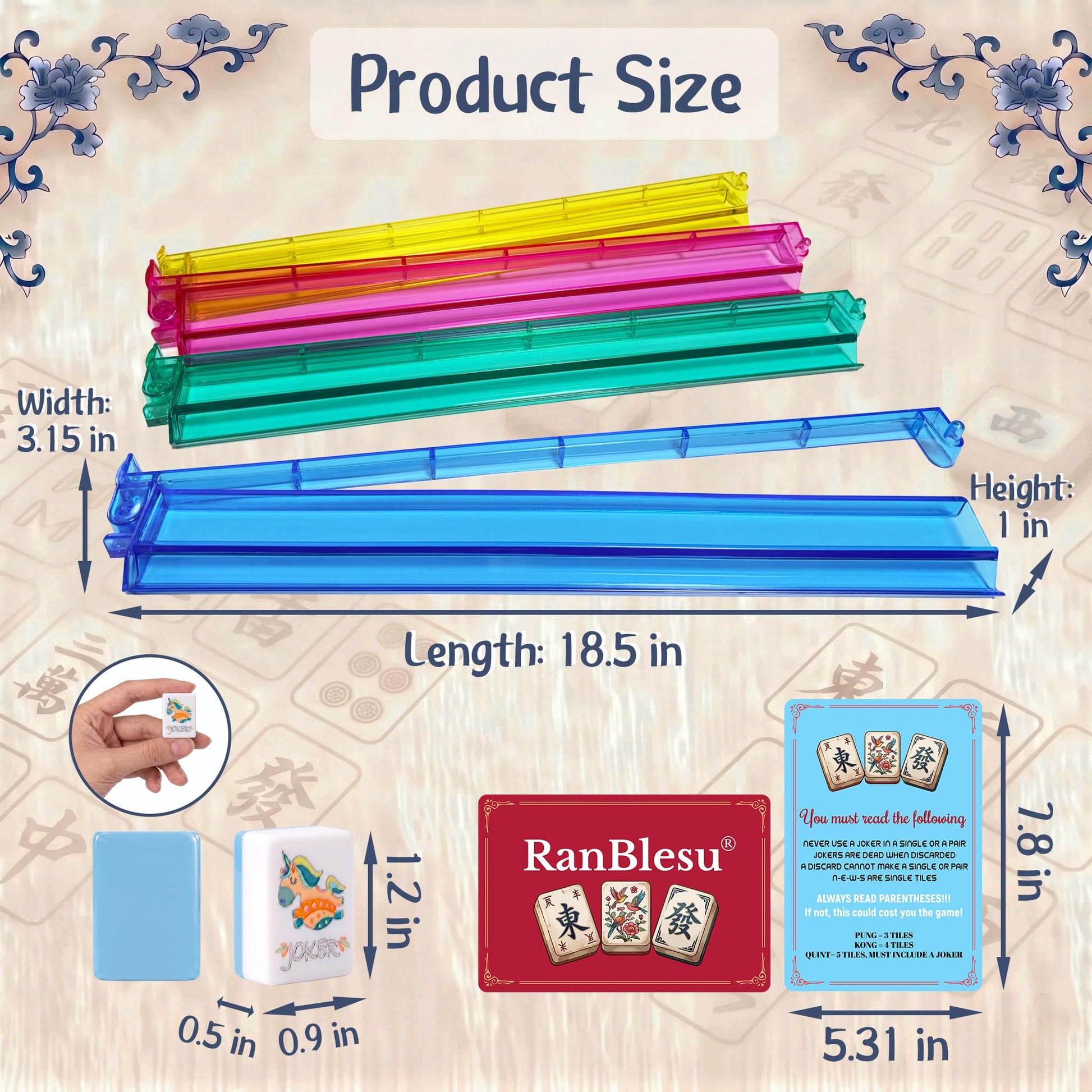 RanBlesu American Mahjong Tile Set, 166 Premium Blue Tiles, 4 All-in-One Color Racks/Pushers, Mahjong Accessories Mahjong Set Complete with Bag (Ma