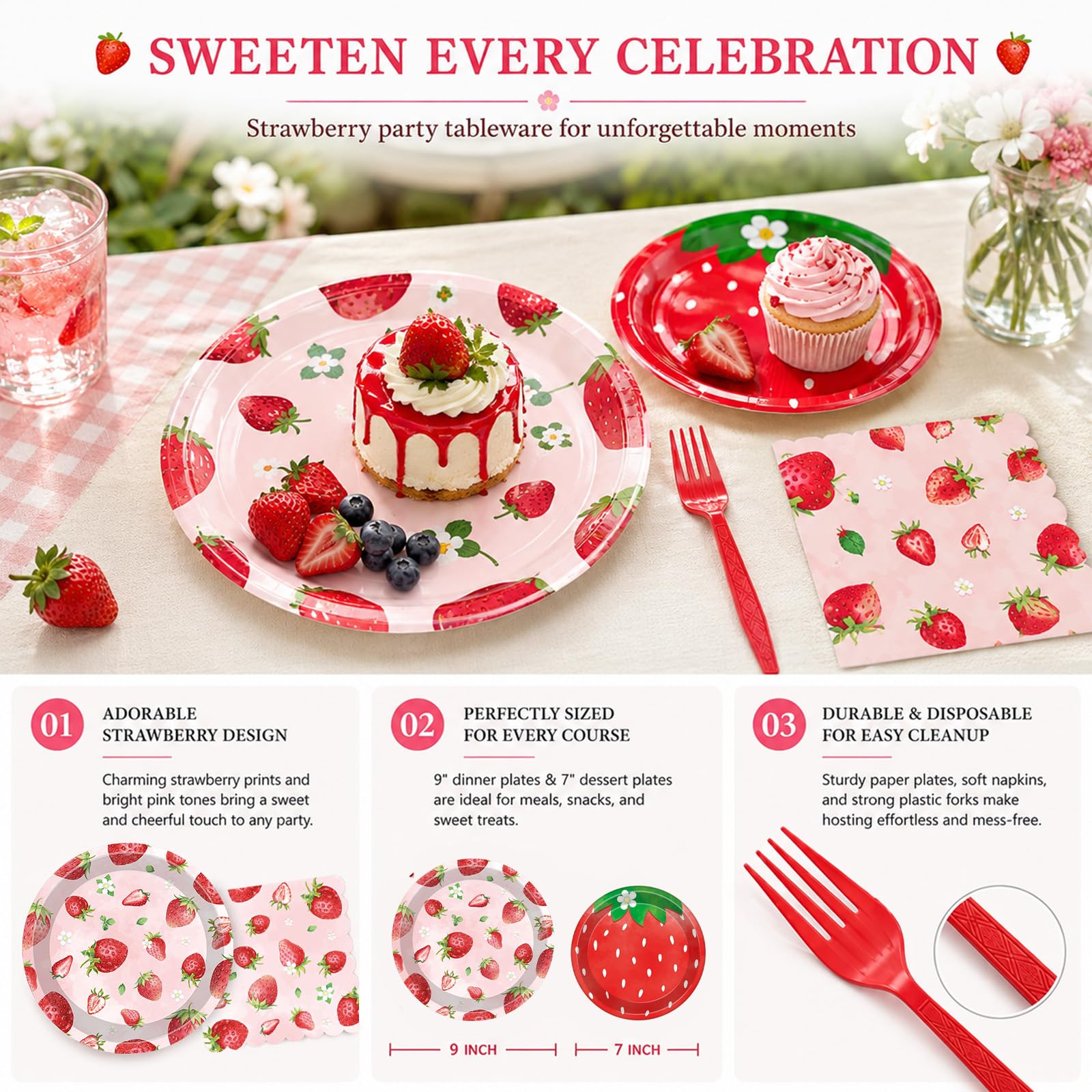 100 Pcs Strawberry Tableware Set Serves 25 - Disposable Paper Plates Napkins Plastic Forks, 9 Inch & 7 Inch Plates Berry Sweet Themed Party Supplies