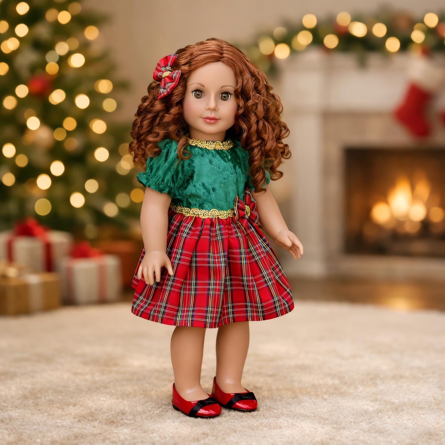 Christmas Classic - 3 Piece Outfit - Green and Red Party Dress, Red Shoes and Hair Bow - Clothes Fits 18 Inch Doll (Doll Not Included)