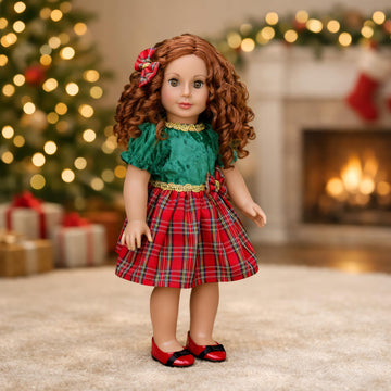 Christmas Classic - 3 Piece Outfit - Green and Red Party Dress, Red Shoes and Hair Bow - Clothes Fits 18 Inch Doll (Doll Not Included)