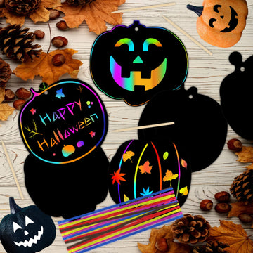 Lucleag Halloween Scratch Art Paper Crafts Kit, 40 Pieces Rainbow Halloween Pumpkins for Halloween Decoration Halloween Colorful DIY Pumpkins
