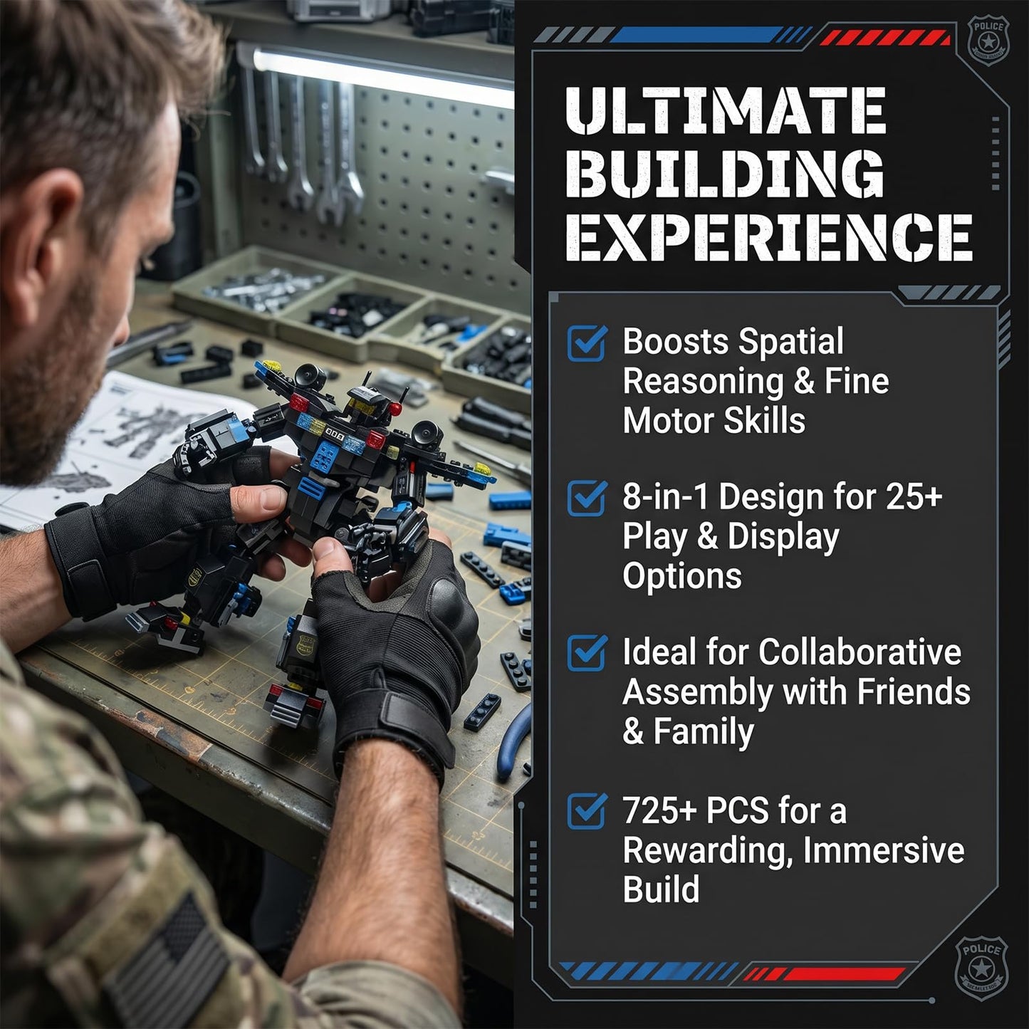 FNSJFYZS SWAT Police Building Blocks, 725 PCS Transforming Robot & Emergency Vehicle Construction Set, Mobile Command Truck, Modular Military Kit
