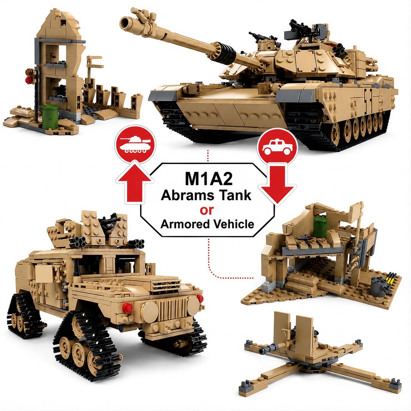 General Jim's 2-in-1 Military Brick Building Set - WWII US Army M1A2 Tank or Humvee with Rotating Turret, Adjustable Gun & Accessories - 1463-Piece