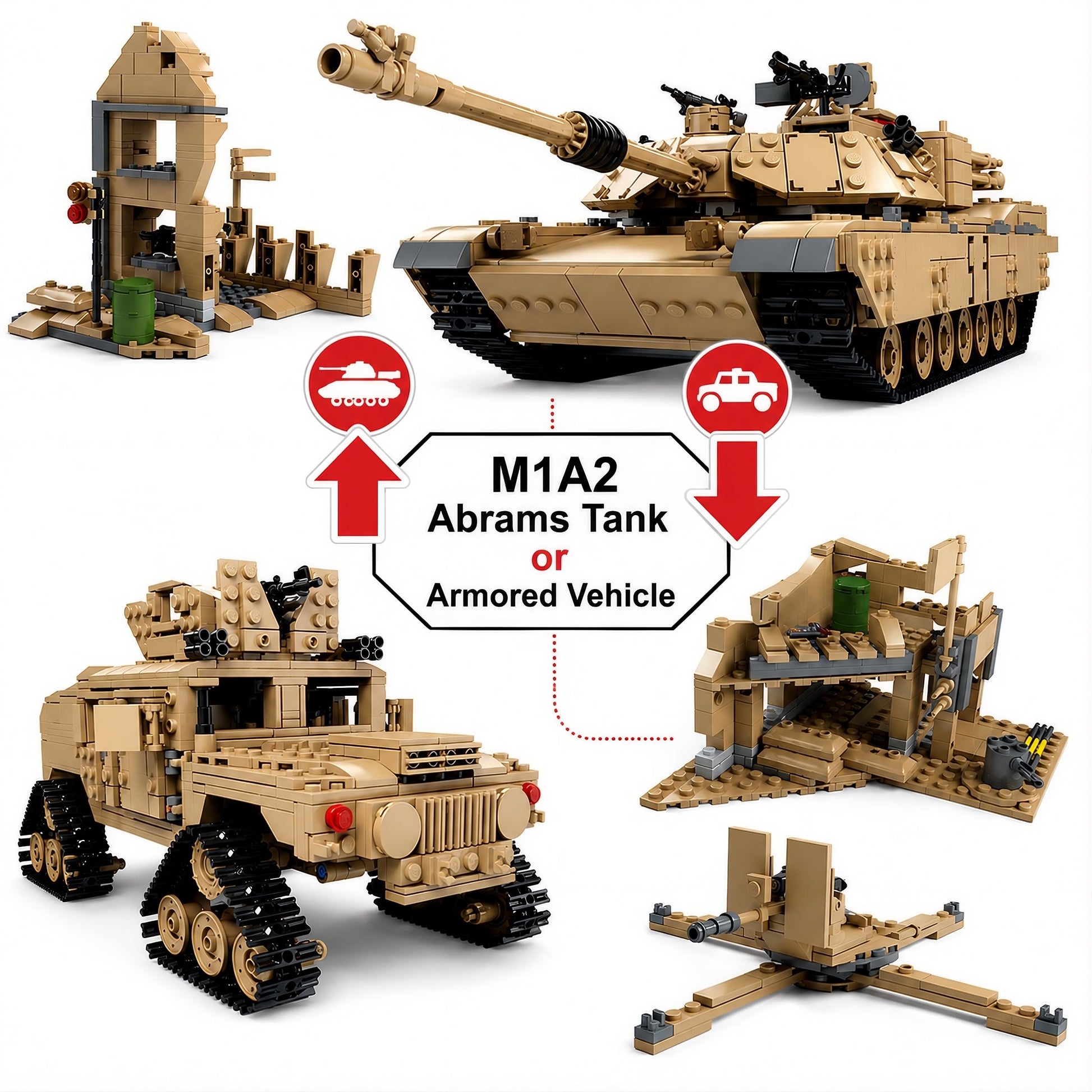 General Jim's 2-in-1 Military Brick Building Set - WWII US Army M1A2 Tank or Humvee with Rotating Turret, Adjustable Gun & Accessories - 1463-Piece
