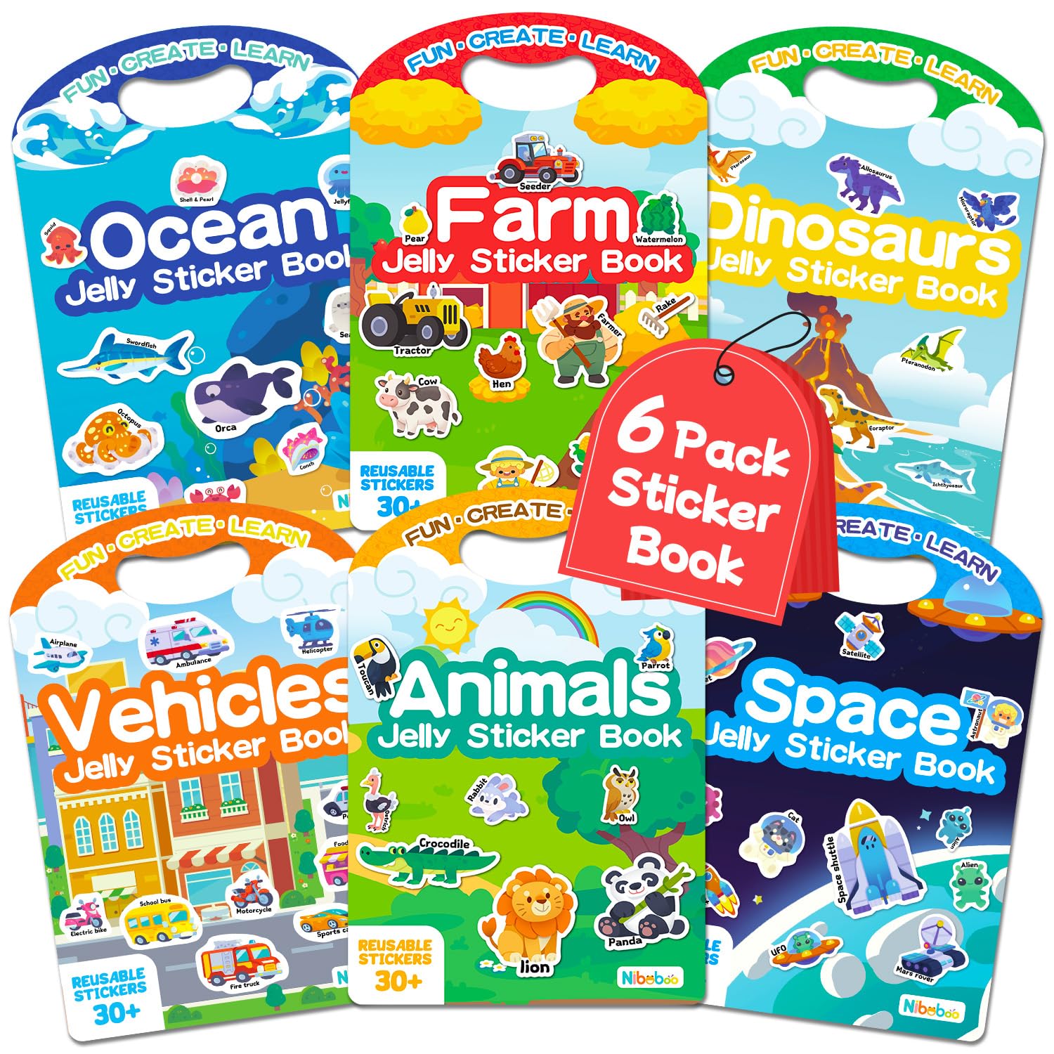 Niboboo 6 Pack Jelly Sticker Books for Toddlers, Reusable Sticker Books for Kids 3-6, Travel Toys for Ages 3+ Kids, Holiday Gifts for Boys and Girls