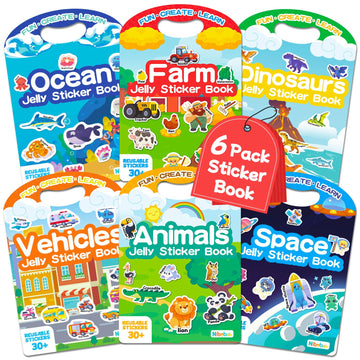 Niboboo 6 Pack Jelly Sticker Books for Toddlers, Reusable Sticker Books for Kids 3-6, Travel Toys for Ages 3+ Kids, Holiday Gifts for Boys and Girls