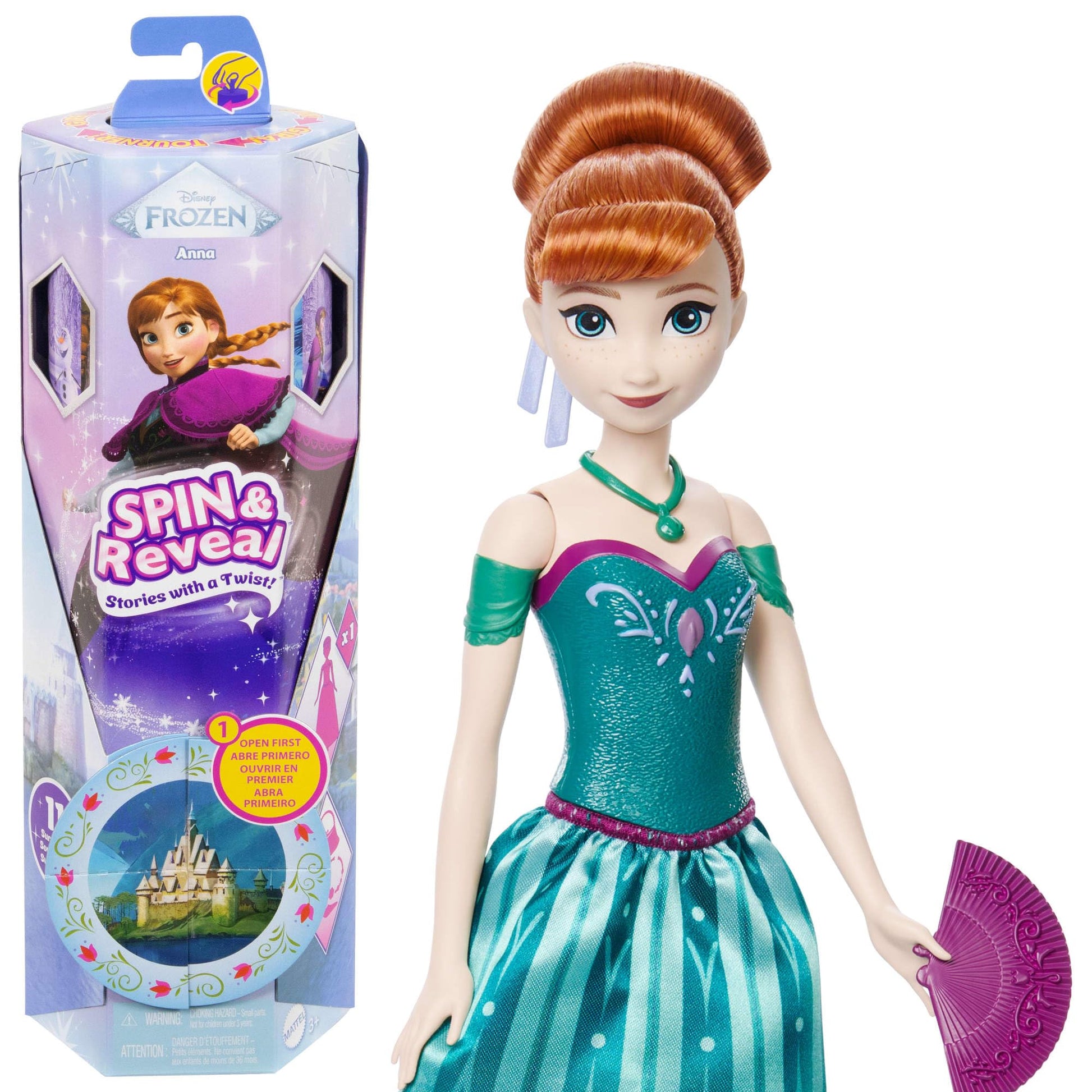 Mattel Disney Frozen Anna Fashion Doll Set, Spin & Reveal with 11 Surprises Including 5 Accessories, 5 Stickers & Play Scene, Inspired by Disney Movie