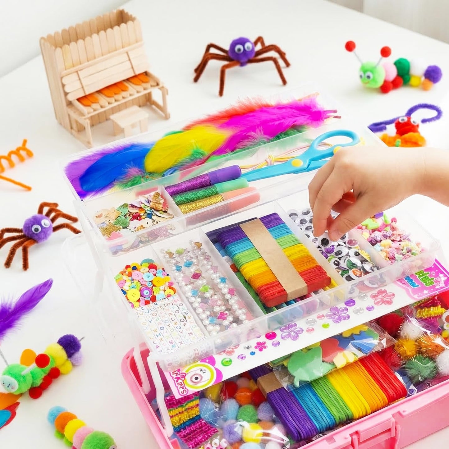Bobbie Art Arts & Crafts Box 3000+ pcs Deluxe Craft Supplies Box Pink Box - Art Crafting Kit Birthday Gifts for Kids, School Supply for Ages 4-12