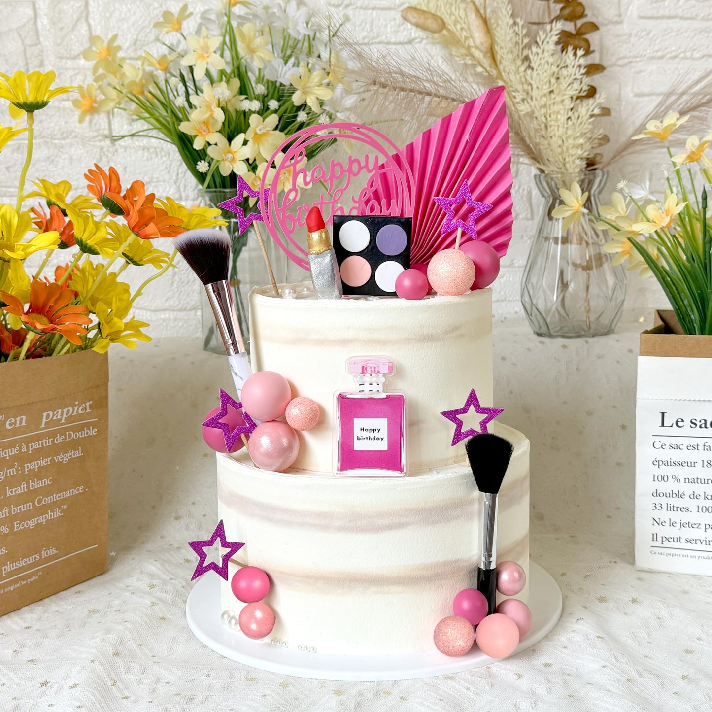 32 PCS Makeup Cake Topper Happy Birthday Cake Topper with Lipstick Eye Shadow Makeup Brush for Birthday (Hot pink)