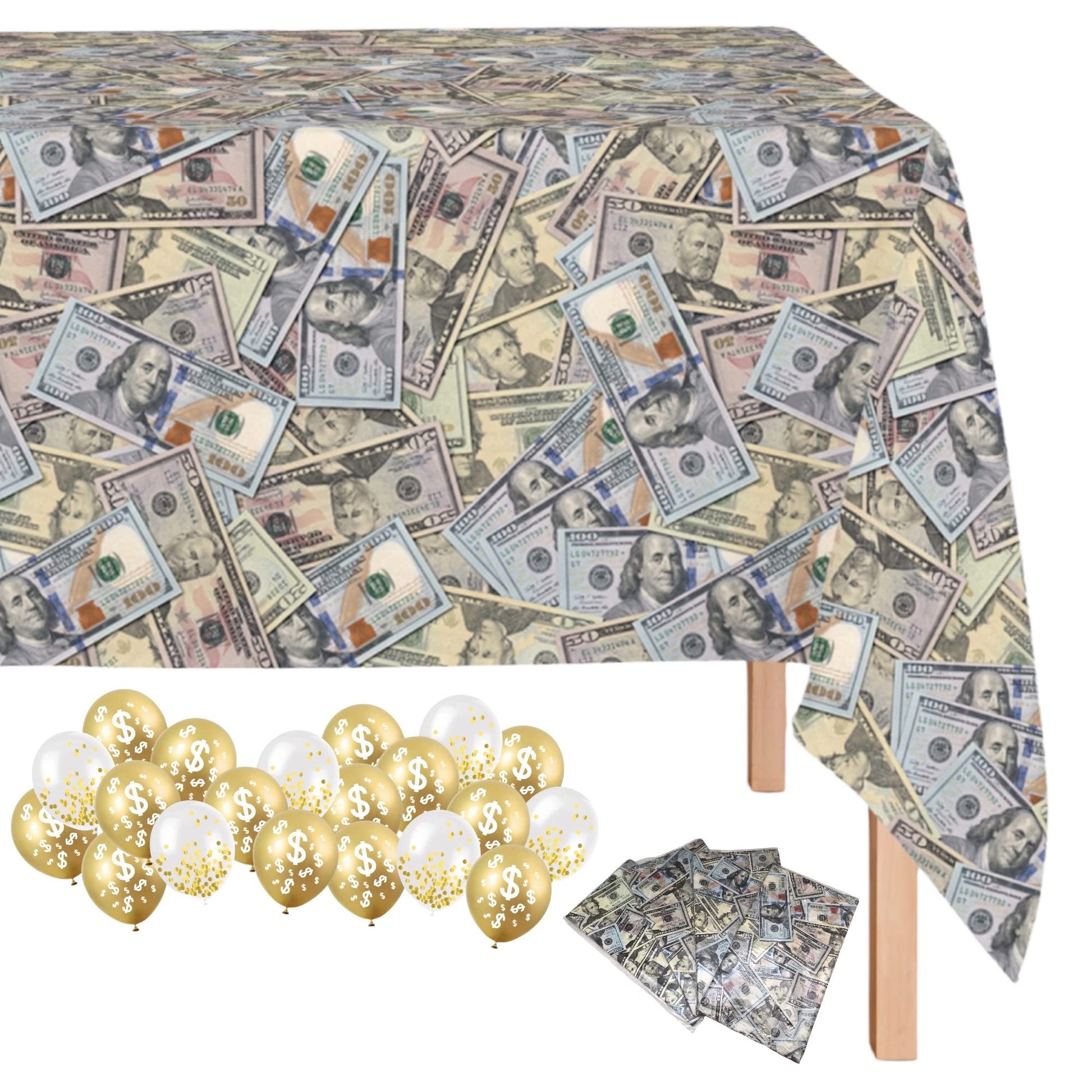 Oojami 4 Pack Dollar Bills Bling Bling Big Bucks Money Theme Table Cover Tablecloth Includes 20 Balloons Ideal for Birthday Decorations Party Supplies