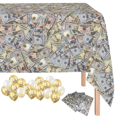 Oojami 4 Pack Dollar Bills Bling Bling Big Bucks Money Theme Table Cover Tablecloth Includes 20 Balloons Ideal for Birthday Decorations Party Supplies