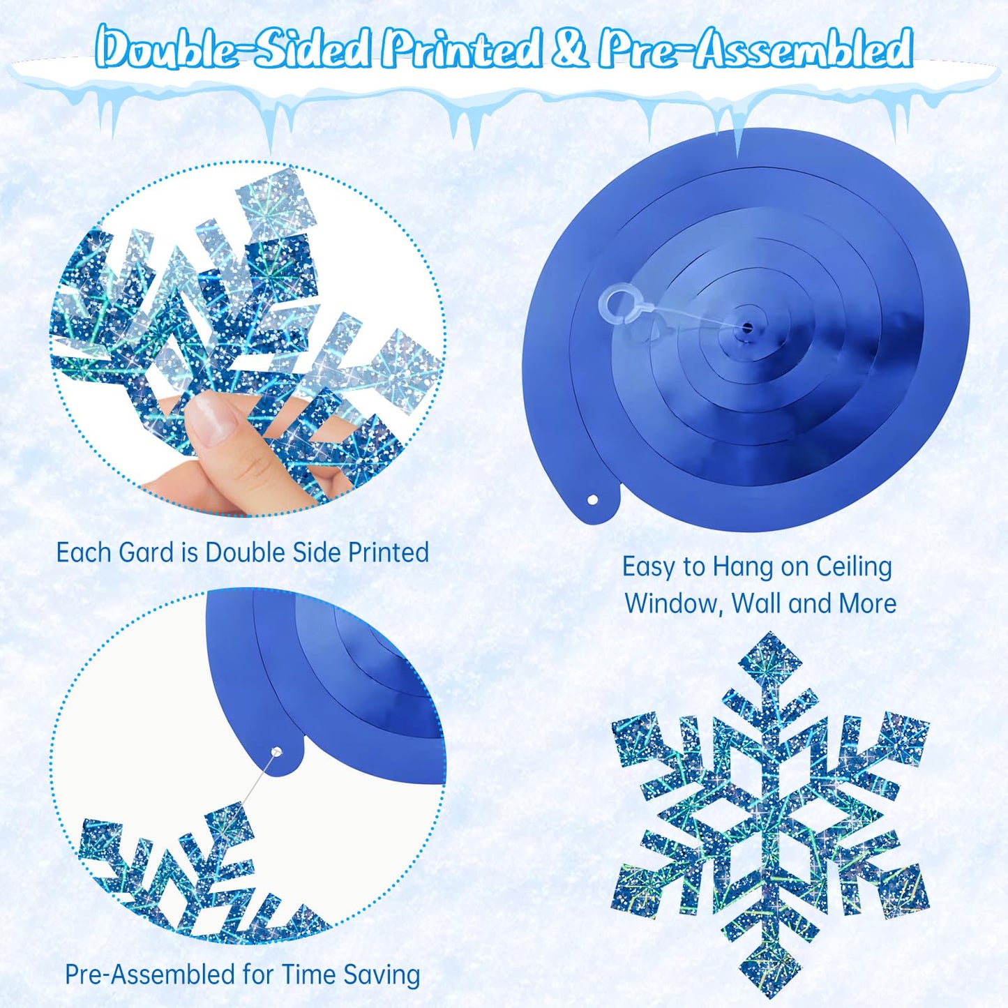 Winter Snowflake Hanging Decorations 30 Pcs Blue and Silver Christmas Ceiling Streamers Hanging Decorations Glittery Snowflakes Swirls for Wonderland
