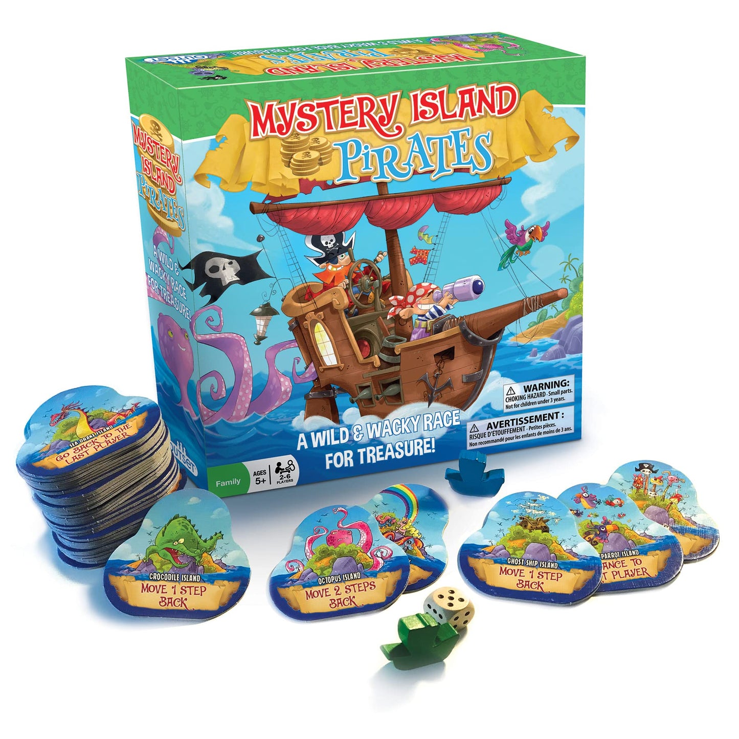 Mystery Island Pirates - Tile Game, by Outset Media, A Wild & Wacky Race for Treasure, Build Your Own Game, Two Games in One Box, Perfect for Family