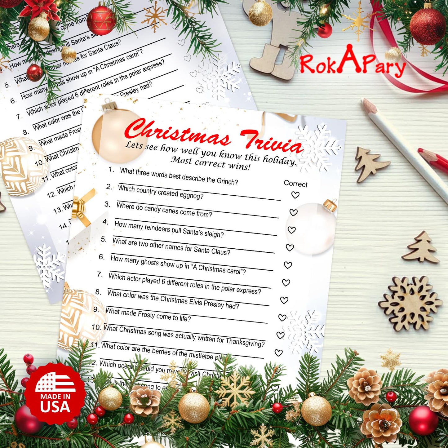 RokAPary Christmas Trivia Game, Game for Family and Friends, Office Group, Holiday Party Fun, Play Pack of 30 Cards 5”x7”. Made in USA