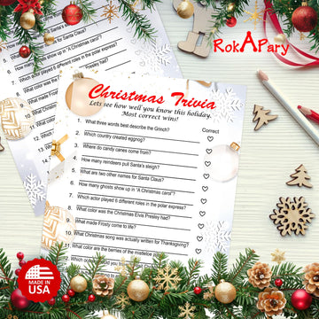 RokAPary Christmas Trivia Game, Game for Family and Friends, Office Group, Holiday Party Fun, Play Pack of 30 Cards 5”x7”. Made in USA