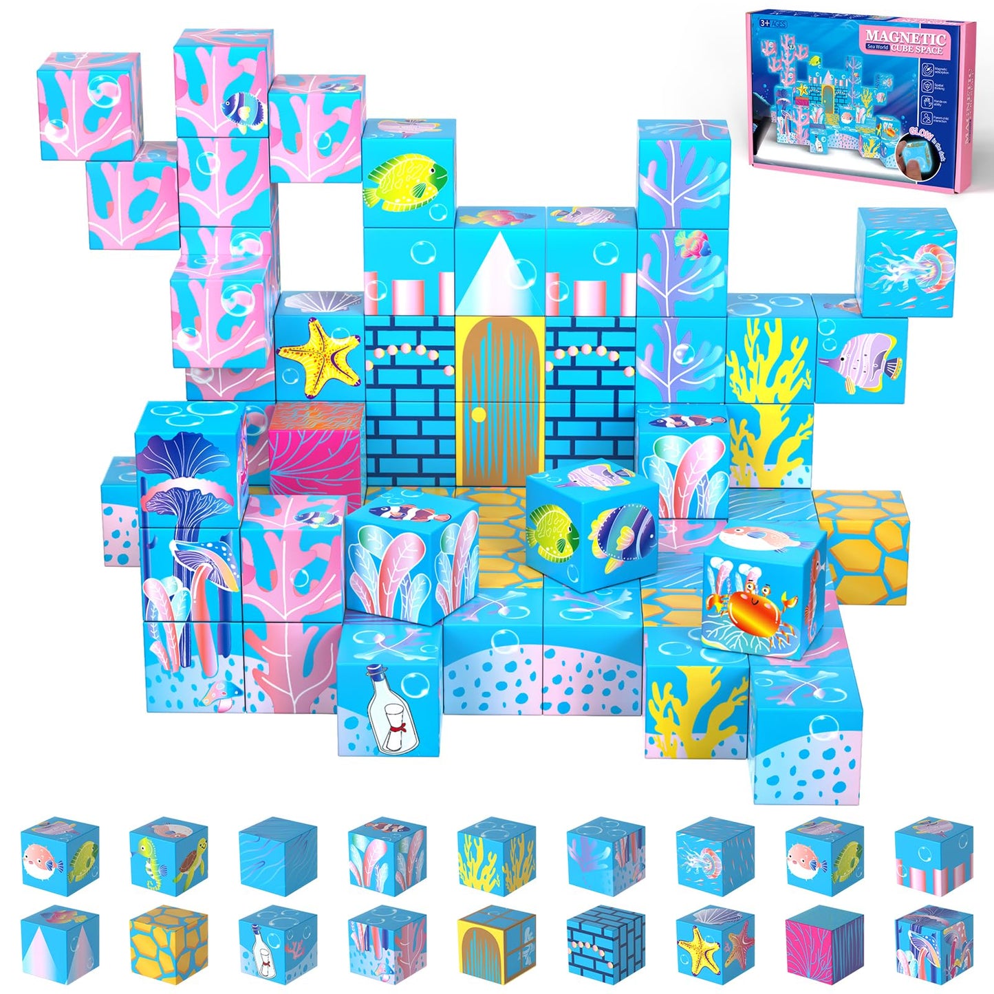 OOIEWPQ 70PCS Magnetic Building Blocks for Kids Ages 4-8, Light-Up Transparent Magnet Cubes for Ocean World Build, STEM Toys for Boys Girls Toddlers