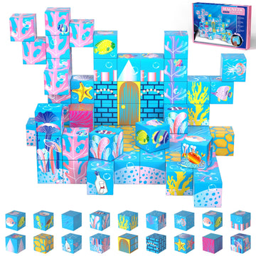 OOIEWPQ 70PCS Magnetic Building Blocks for Kids Ages 4-8, Light-Up Transparent Magnet Cubes for Ocean World Build, STEM Toys for Boys Girls Toddlers