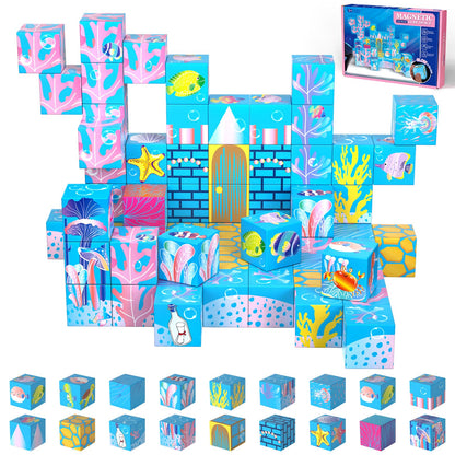 OOIEWPQ 70PCS Magnetic Building Blocks for Kids Ages 4-8, Light-Up Transparent Magnet Cubes for Ocean World Build, STEM Toys for Boys Girls Toddlers