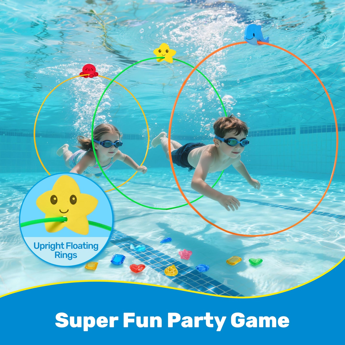 SYNCFUN Pool Toys Diving Rings,32PCS Swim Rings Pool Game Set Toys with Dive Ring Gem Seaweed Underwater Shark Jellyfish Water Swimming Toy for Kids
