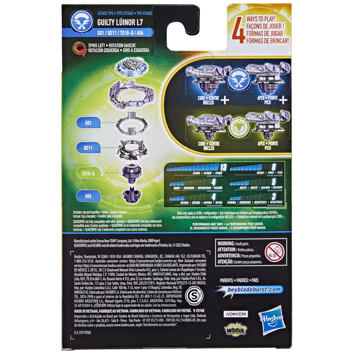 Beyblade Burst QuadDrive Guilty Lúinor L7 Spinning Top Starter Pack - Attack/Defense Type Battling Game with Launcher, Toy for Kids