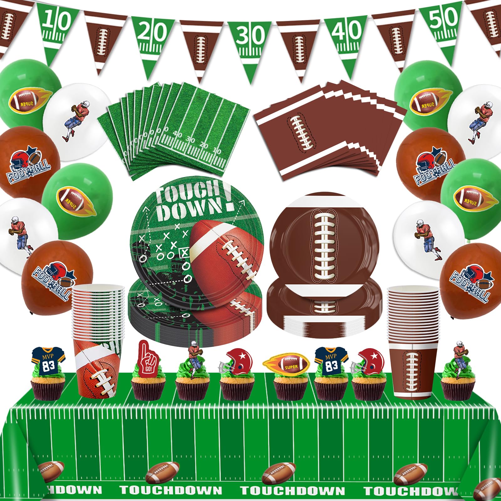 140PCS Football Party Supplies Tableware Set Serve 24, Football Birthday Party Decorations Includes Plates Napkins Cups Banner Balloons Cake