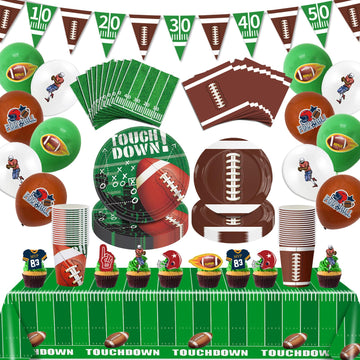 140PCS Football Party Supplies Tableware Set Serve 24, Football Birthday Party Decorations Includes Plates Napkins Cups Banner Balloons Cake