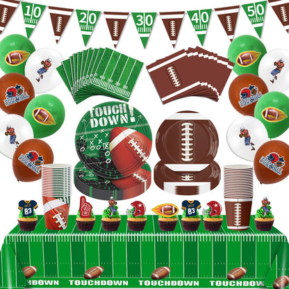 140PCS Football Party Supplies Tableware Set Serve 24, Football Birthday Party Decorations Includes Plates Napkins Cups Banner Balloons Cake