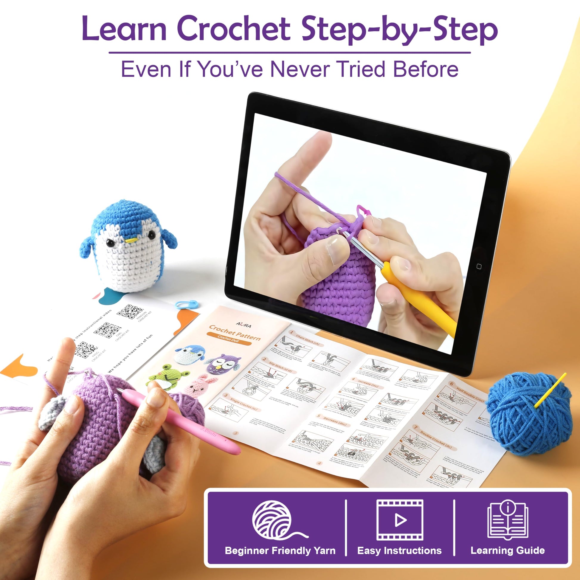 A-URA Learn to Crochet Kit for Beginners Kids and Adults, Premium 4 Animal Pattern Beginner Crochet Kits with Easy Tube Yarn & Step-by-Step Video