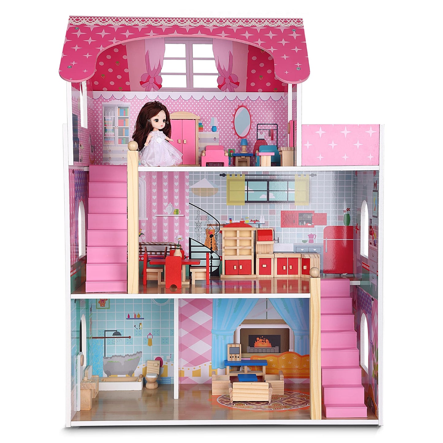 Giragaer Wooden Dollhouse Furniture 5 Set, Wood Doll House Miniature Bathroom/Living Room/Dining Room/Bedroom/Kitchen House Furniture Doll Decoration