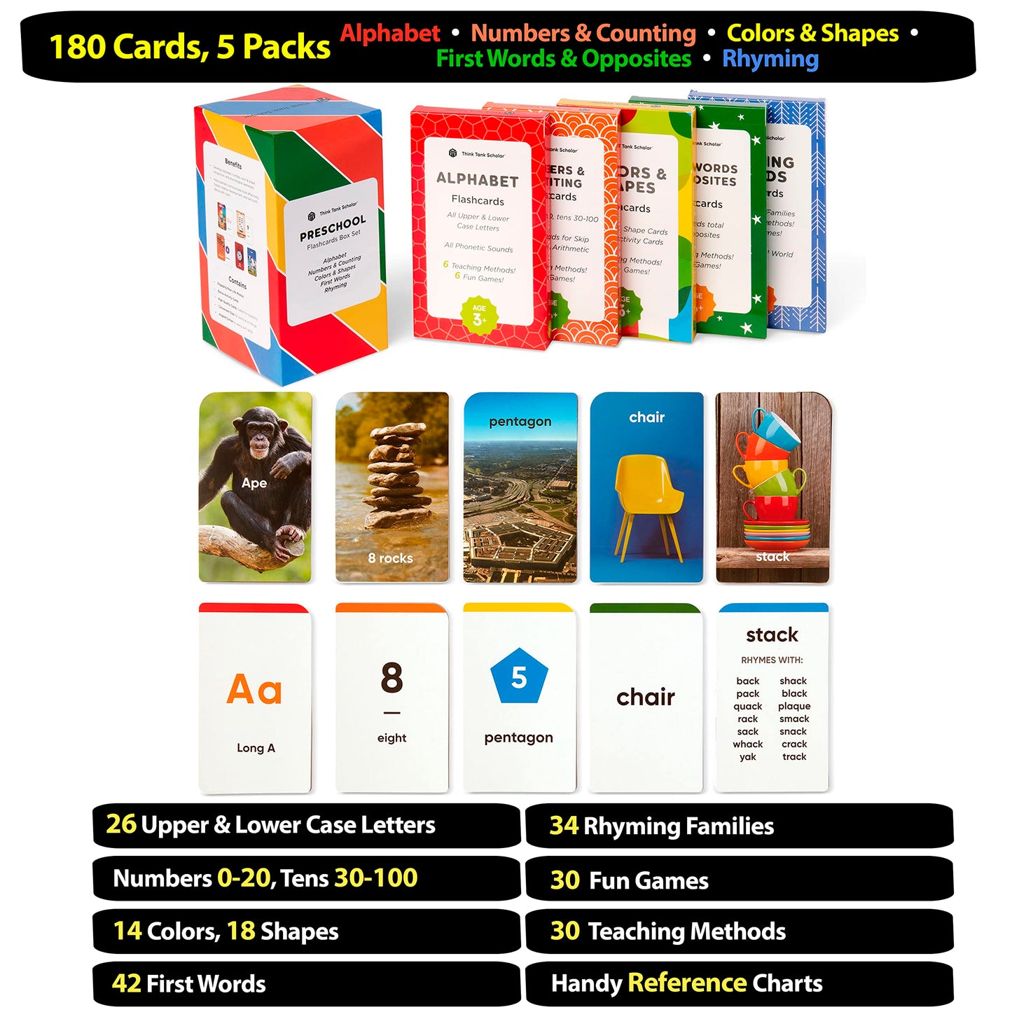 Award-Winning Flash Cards for Preschool & Kindergarten - 5-Deck Set, 180 Jumbo Cards - Learn Alphabet, Numbers, Colors, Shapes, First Words, Opposites