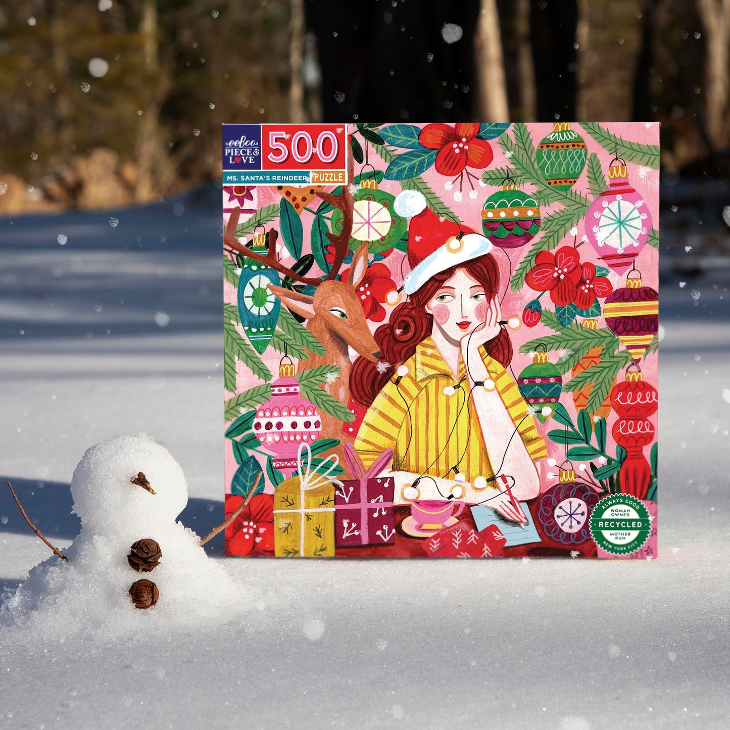 eeBoo 500 Piece Puzzle - Ms. Santa's Reindeer Jigsaw for Adults, Square 23" x 23" Holiday Puzzle, Recycled Board & Vegetable-Based Ink