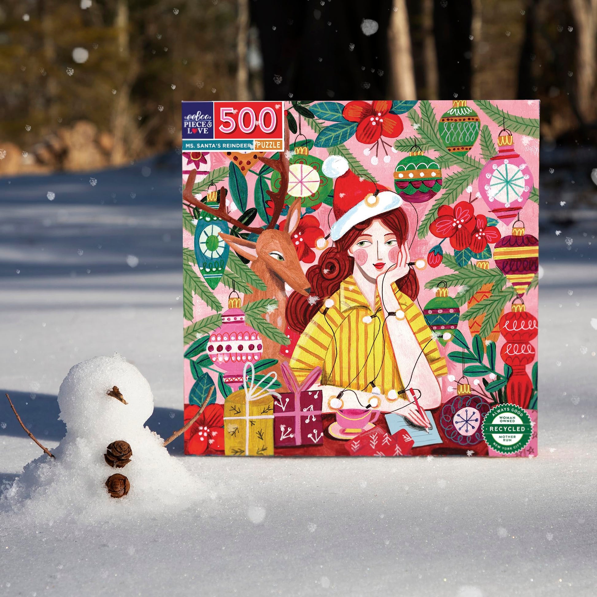 eeBoo 500 Piece Puzzle - Ms. Santa's Reindeer Jigsaw for Adults, Square 23" x 23" Holiday Puzzle, Recycled Board & Vegetable-Based Ink